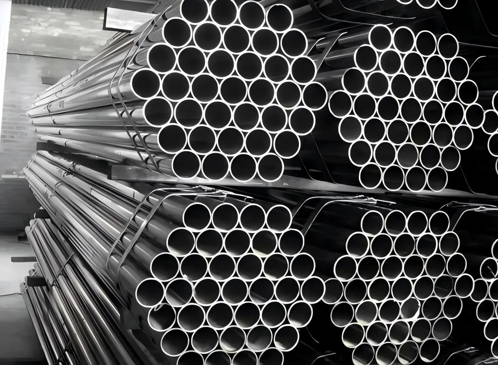 Stacked bundles of straight steel tubes with their open ends facing the camera