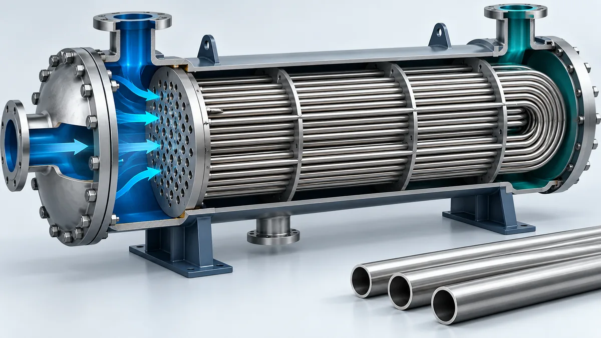 Conceptual cutaway of a shell-and-tube heat exchanger with a parallel steel tube bundle