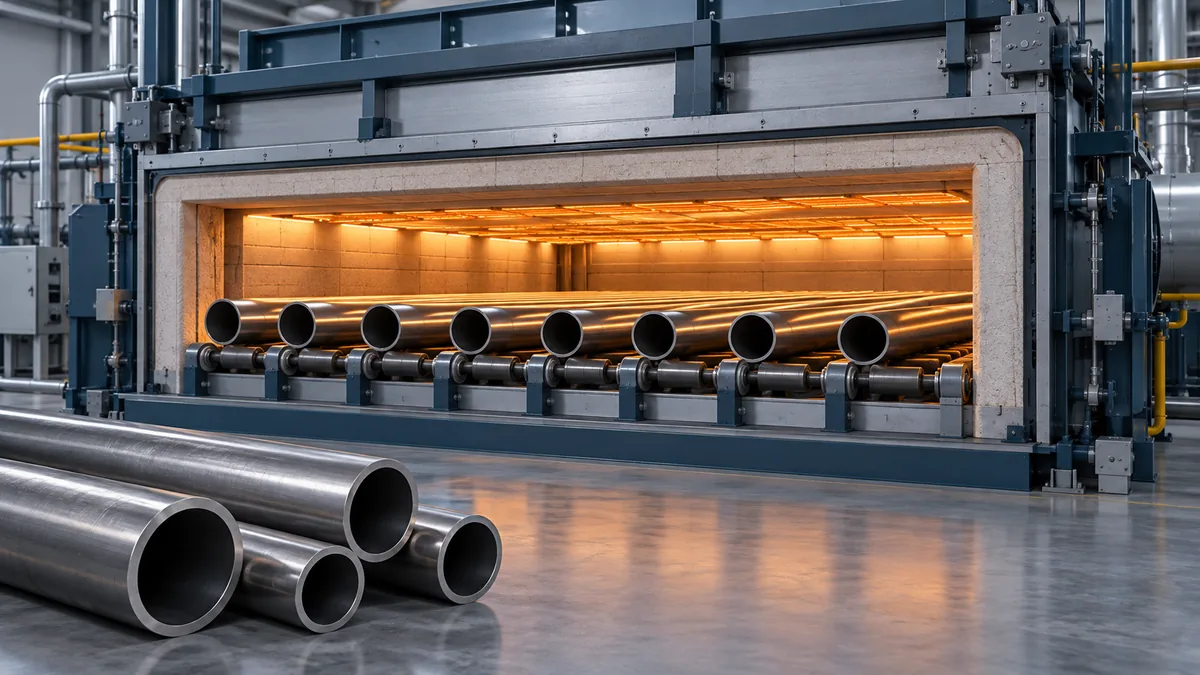 Conceptual steel tubes on a roller rack at a controlled heat-treatment furnace