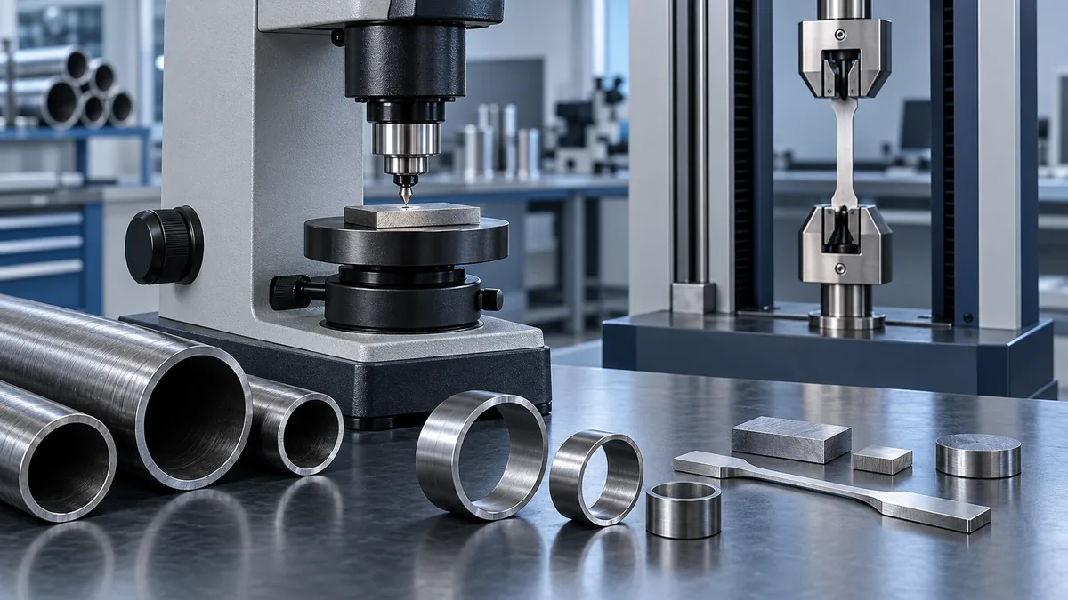 Conceptual hardness and tensile testing equipment beside steel tube rings and test coupons