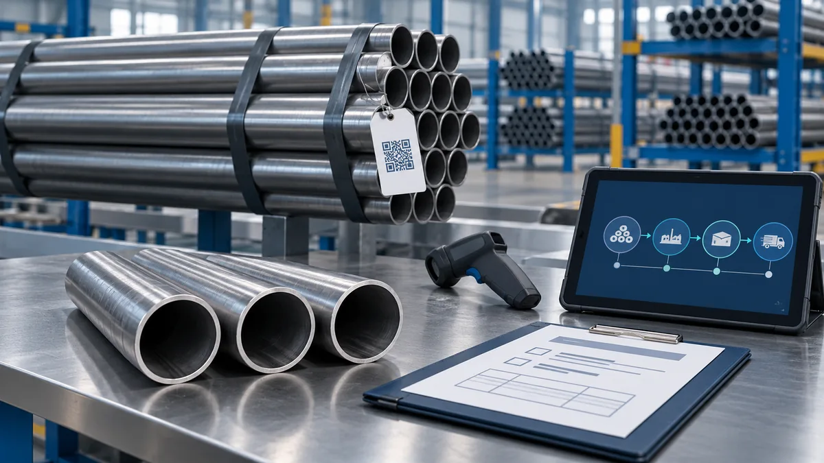 Conceptual tube batch tag, scanner and digital quality records beside steel tube samples